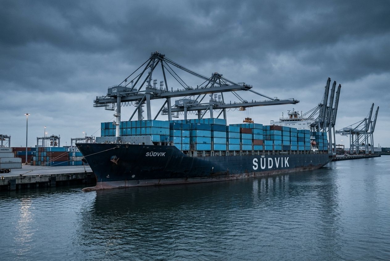 Container vessel alongside a terminal at dawn